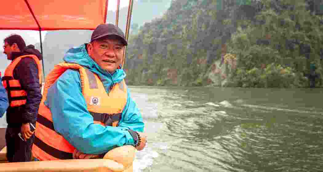 Chief Minister Pema Khandu during a high-speed river journey on the Subansiri, reviewing tourism potential around the Lower Subansiri project as part of plans for a world-class hub.