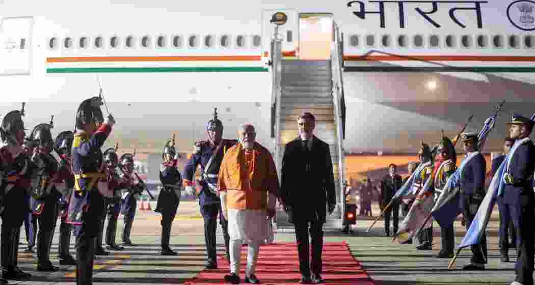 Prime Minister Narendra Modi being accorded a ceremonial welcome upon his arrival at the Ezeiza International Airport, in Buenos Aires, Argentina on Friday. 