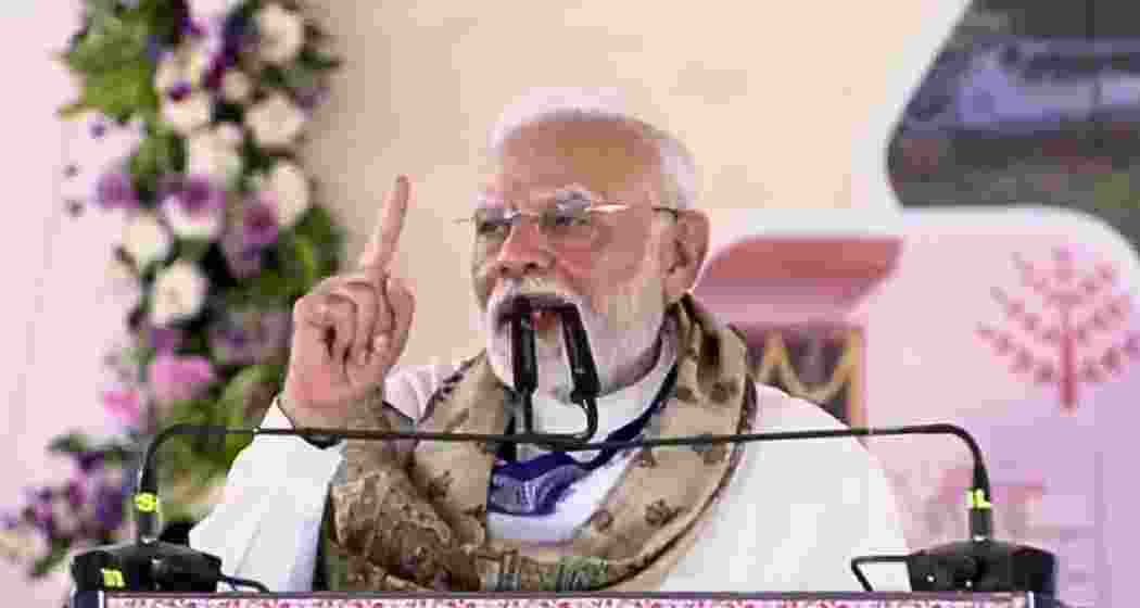 Prime Minister Narendra Modi addresses the public during his visit to Motihari, Bihar, on Friday.