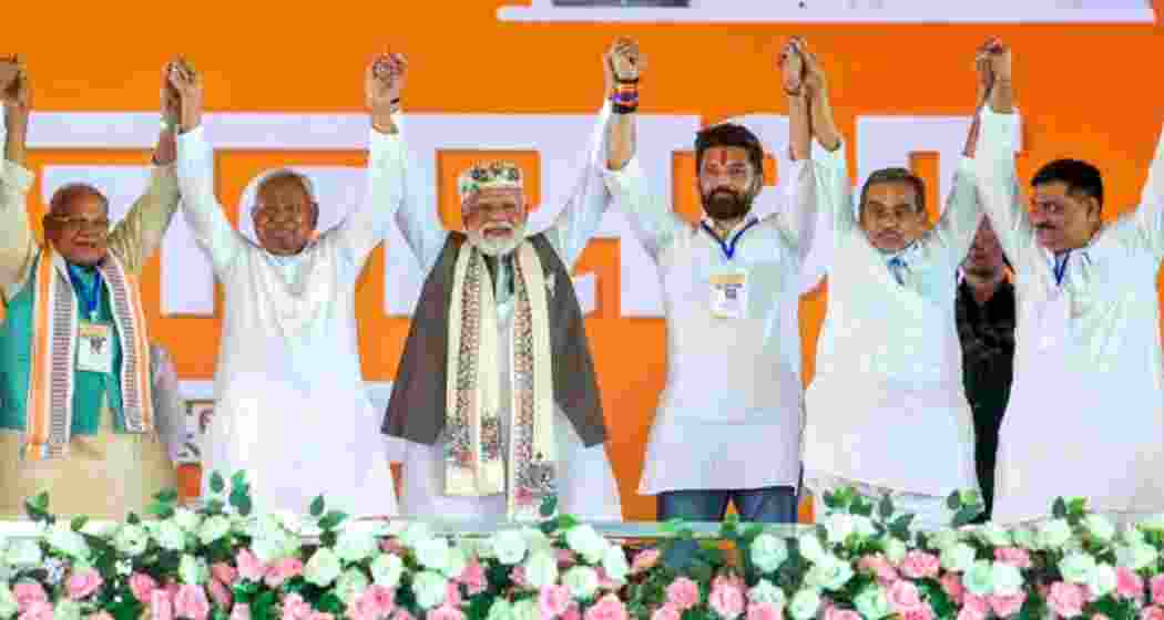 Prime Minister Narendra Modi with NDA leaders during an election campaign rally in Patna, Bihar. The coalition gears up for upcoming Rajya Sabha polls amid heightened political activity in the state.