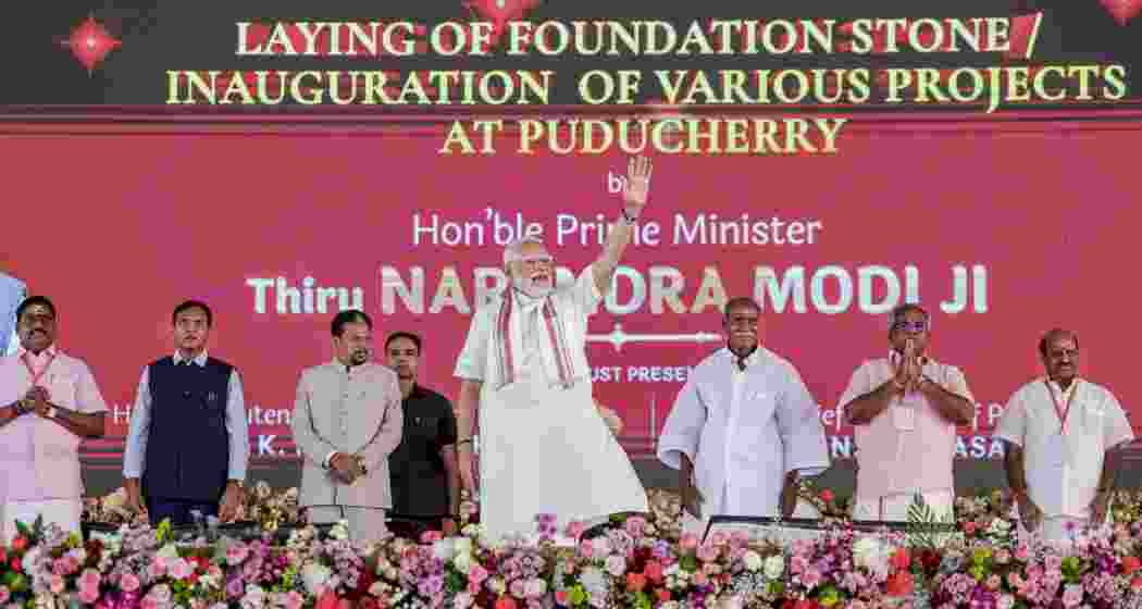 Prime Minister Narendra Modi, Puducherry Chief Minister N Rangaswamy, Lt. Governor K Kailashnathan and others during the inauguration and foundation stone laying of multiple development projects, in Puducherry.
