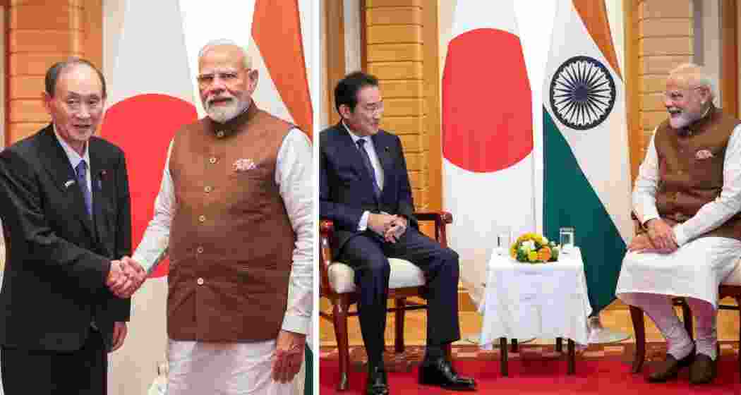Prime Minister Narendra Modi with former Japanese Prime Ministers Yoshihide Suga and Fumio Kishida in Tokyo on Friday. 