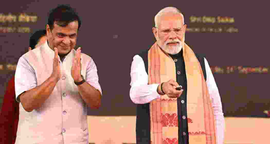 Prime Minister Narendra Modi and Assam Chief Minister Himanta Biswa Sarma during a public meeting at Mangaldoi in Assam’s Darrang district.