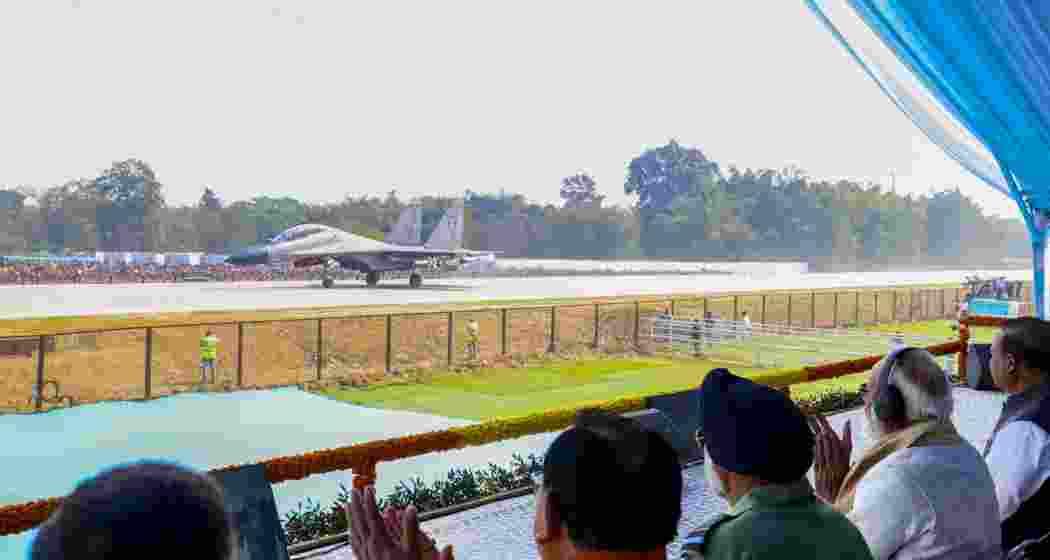 Prime Minister Narendra Modi, Union Minister Sarbananda Sonowal and Chief of the Air Staff Air Chief Marshal Amar Preet Singh witness an aerial show featuring IAF's fighter jets, transport aircraft and helicopters at the Emergency Landing Facility (ELF), in Assam's Dibrugarh district.