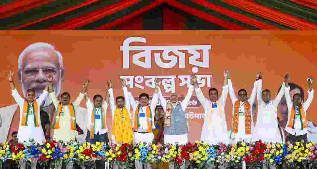  Prime Minister Narendra Modi during the Vijay Sankalp rally, for West Bengal Assembly elections, at Barrackpore in North 24 Parganas district on Monday. 