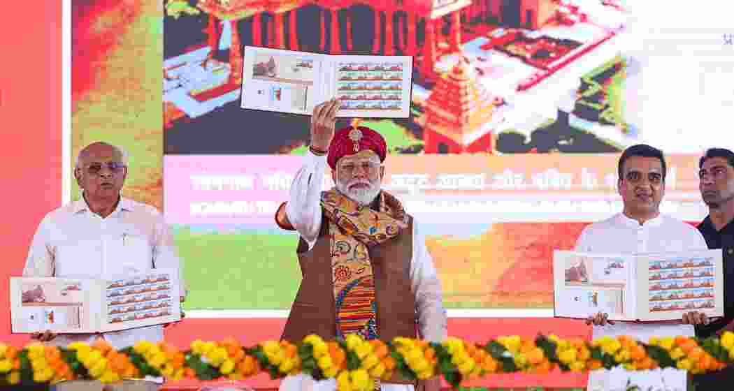  Prime Minister Narendra Modi during the Somnath Amrut Mahotsav, which marks 75 years of the inauguration of the restored temple dedicated to Lord Shiva, in Veraval, Gir Somnath district, Gujarat on Monday. 