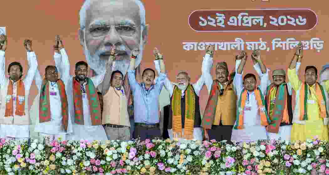 Prime Minister Narendra Modi during a public meeting ahead of the West Bengal Assembly elections, in Siliguri on Sunday. (narendramodi.in via PTI Photo) 