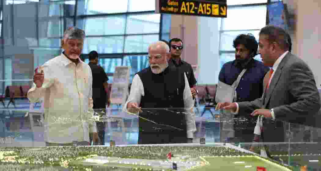 PM Narendra Modi, along with Andhra Pradesh Chief Minister N. Chandrababu Naidu (L) during the inauguration ceremony of the Alluri Sitarama Raju International Airport at Bhogapuram on Saturday.