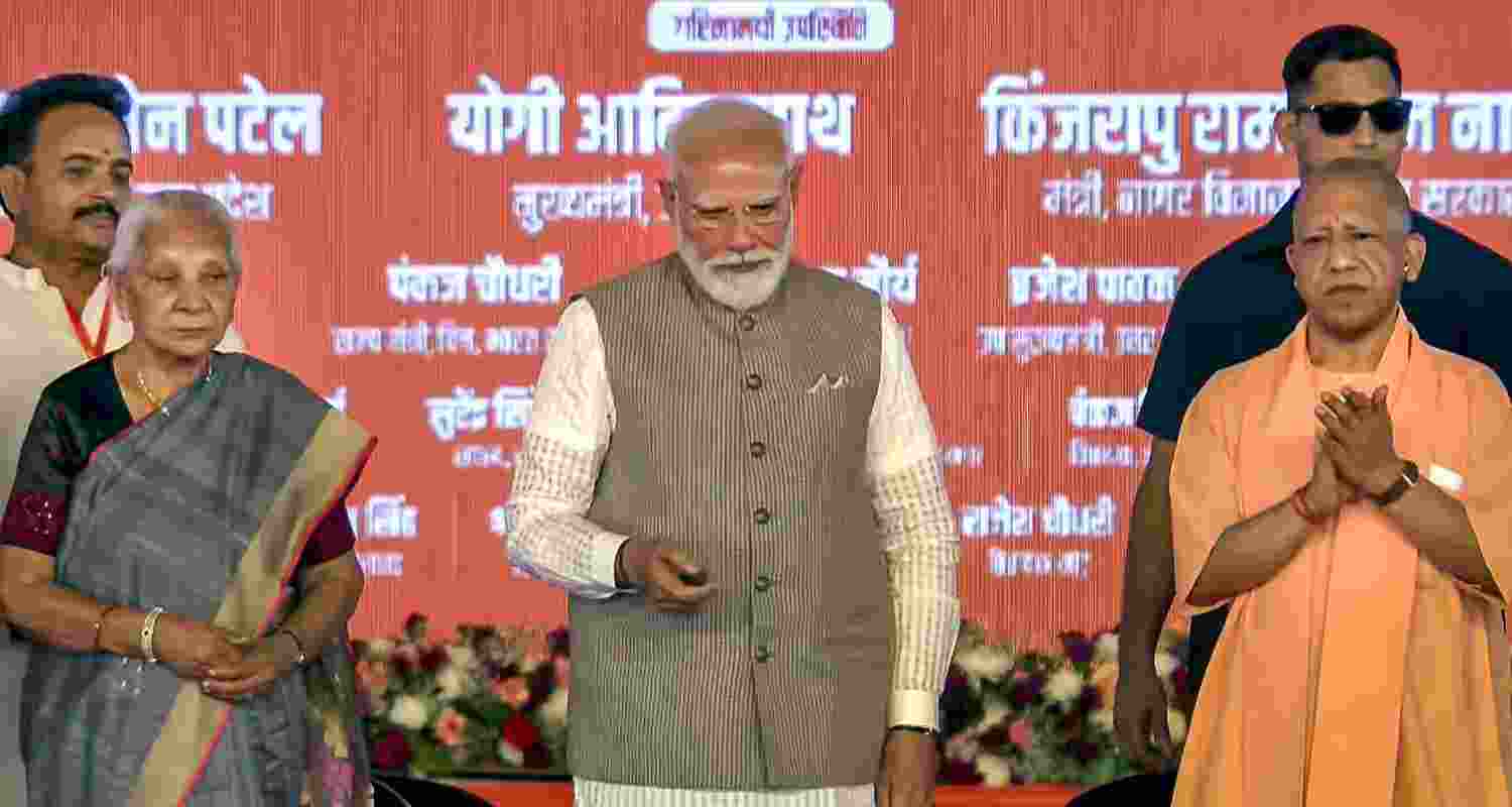 Prime Minister Narendra Modi inaugurates the newly constructed Noida International Airport, in Noida, Uttar Pradesh. Uttar Pradesh Chief Minister Yogi Adityanath and Governor Anandiben Patel are also seen.