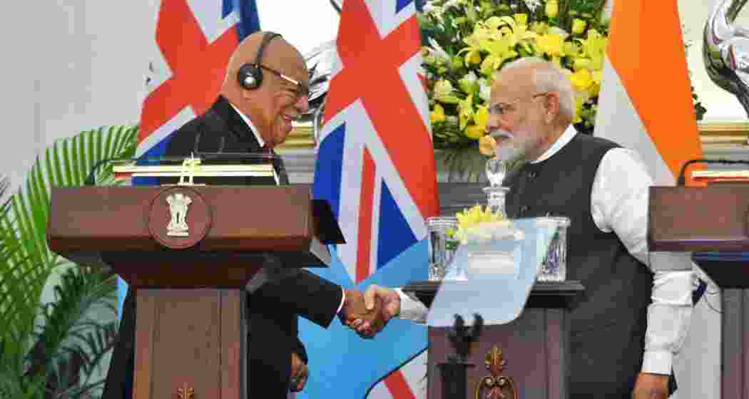 Prime Minister Narendra Modi shakes hands with his Fijian counterpart Sitiveni Rabuka in New Delhi on Monday. Prime Minister Narendra Modi shakes hands with his Fijian counterpart Sitiveni Rabuka in New Delhi on Monday.