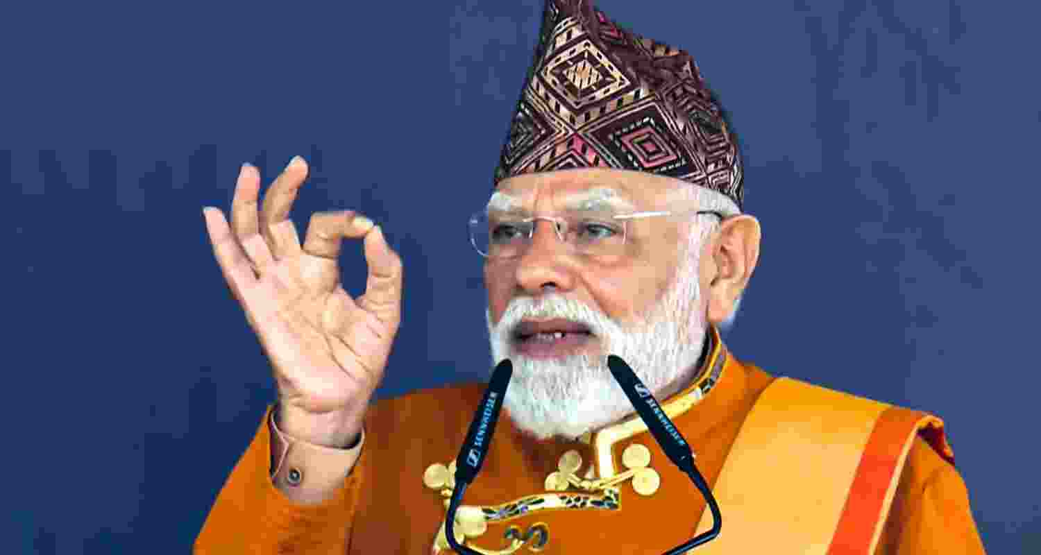 Prime Minister Narendra Modi addresses the closing ceremony of Sikkim's 50th year of statehood celebrations, at Paljor Stadium in Gangtok, Sikkim, on Tuesday.