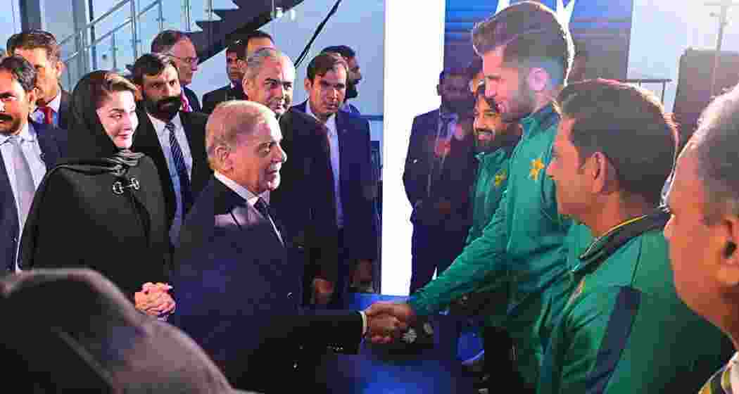 PM Shehbaz Sharif greets Shaheen Shah Afridi during Gaddafi Stadium’s inauguration in Lahore after its renovation and upgrade. Image: X