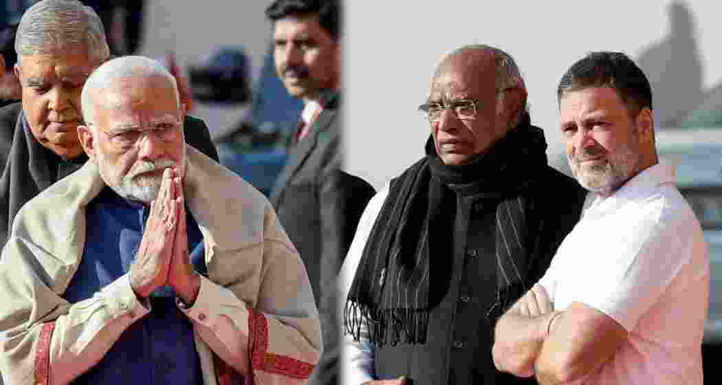 Prime Minister Narendra Modi (L) Congress's Mallikarjun Kharge (C) and Rahul Gandhi (R).