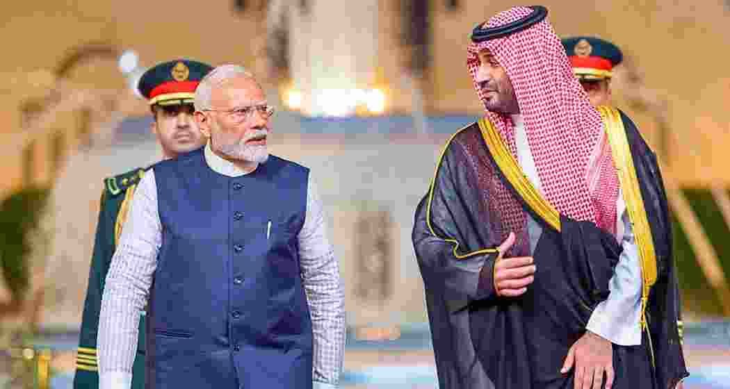 Saudi Crown Prince Mohammed bin Salman Al Saud (right) escorts Prime Minister Narendra Modi during their meeting at Al Salam Royal Palace in Jeddah on April 22, 2025. (PHOTO / SAUDI PRESS AGENCY SPA)