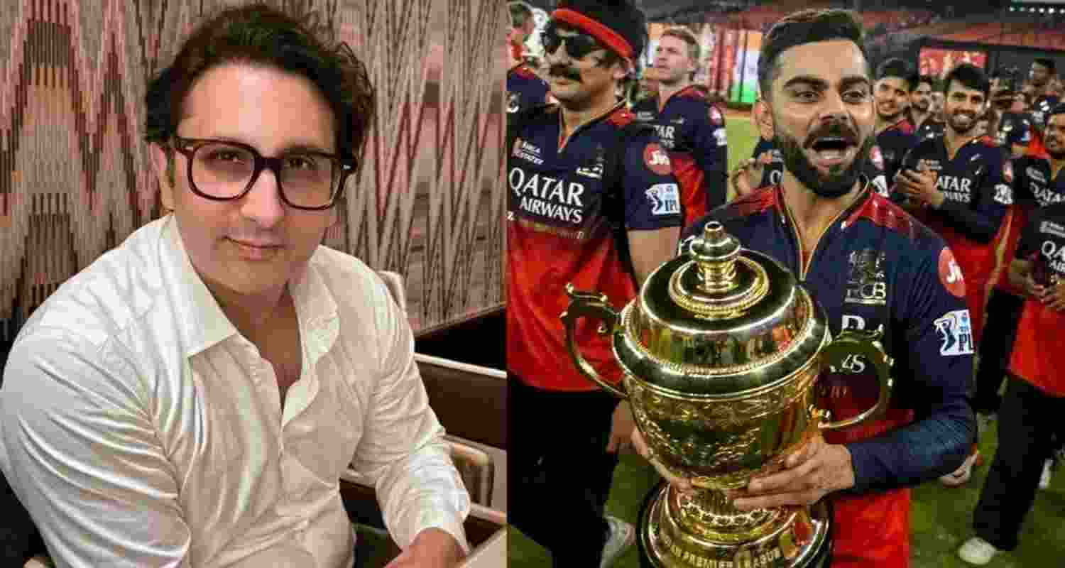 Serum Institute of India CEO Adar Poonawalla and (right) the Royal Challengers Bengaluru team celebrating with the IPL trophy.