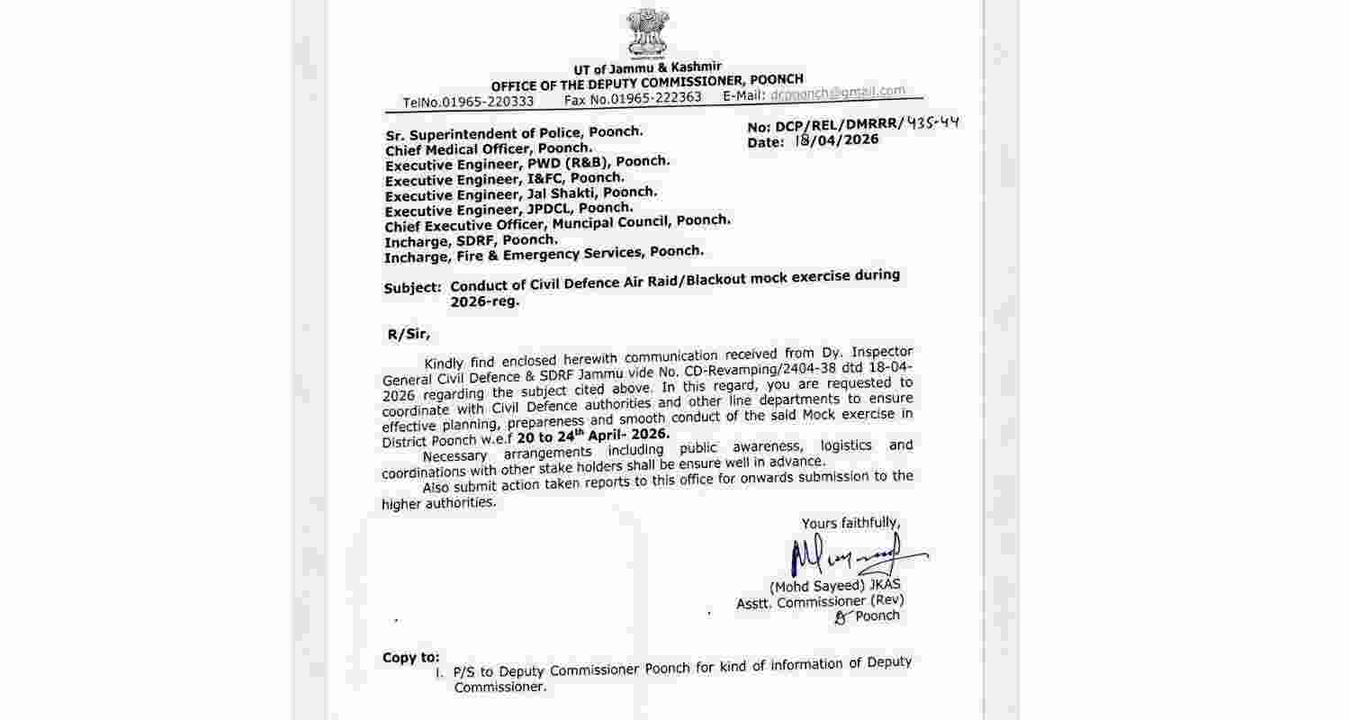 Poonch to hold air raid, blackout mock drills from April 20–24 to boost emergency preparedness; residents advised to follow alerts.