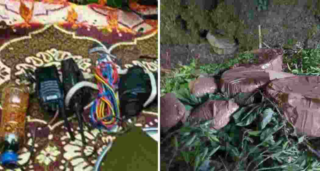 The seized IEDs, communication gear, and other materials recovered during a joint Army and police operation at a suspected terror hideout in Surankote, Poonch, on Monday.