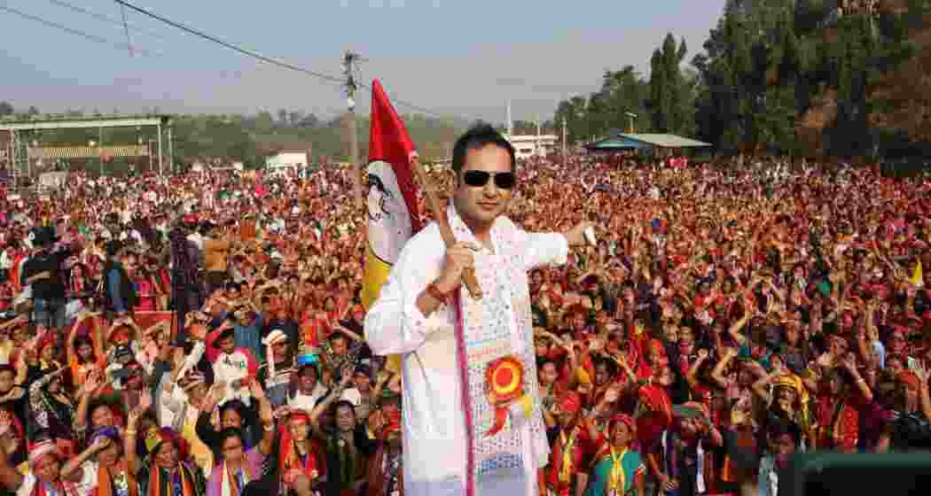 File photo of Tipra Motha Pradyot founder Kishore Debbarma during an election campaign. 