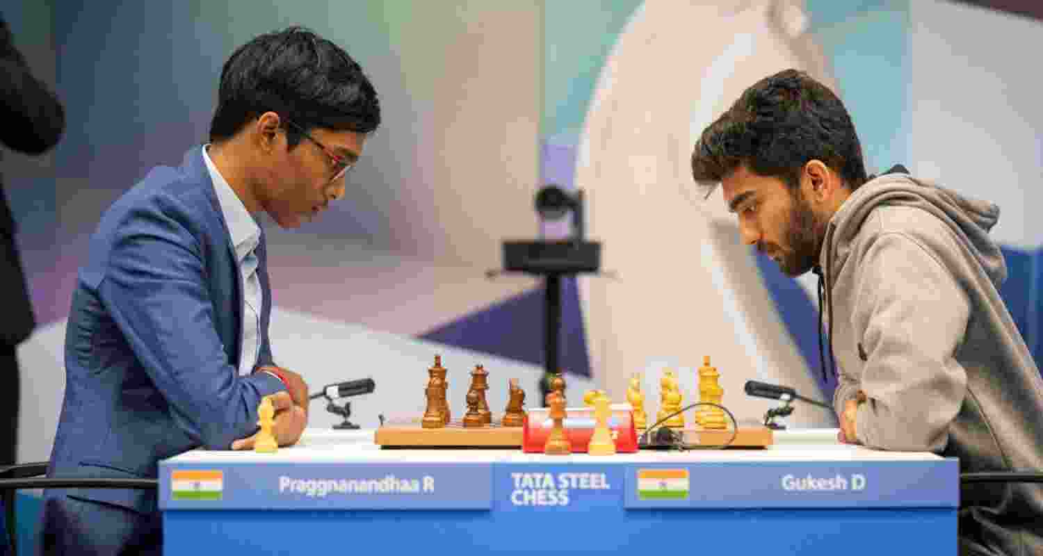 R Praggnanandha versus D Gukesh at the Tata Steel tournament in Wijk Zee Ann, Netherlands. 