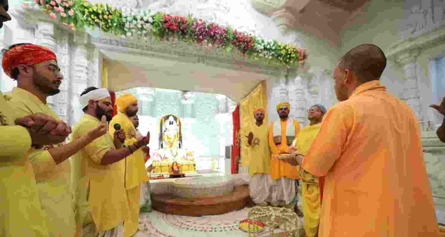 Uttar Pradesh Chief Minister Yogi Adityanath during the Pran Pratishtha ceremony at Shri Ram Janmabhoomi Temple in Ayodhya on Thursday.