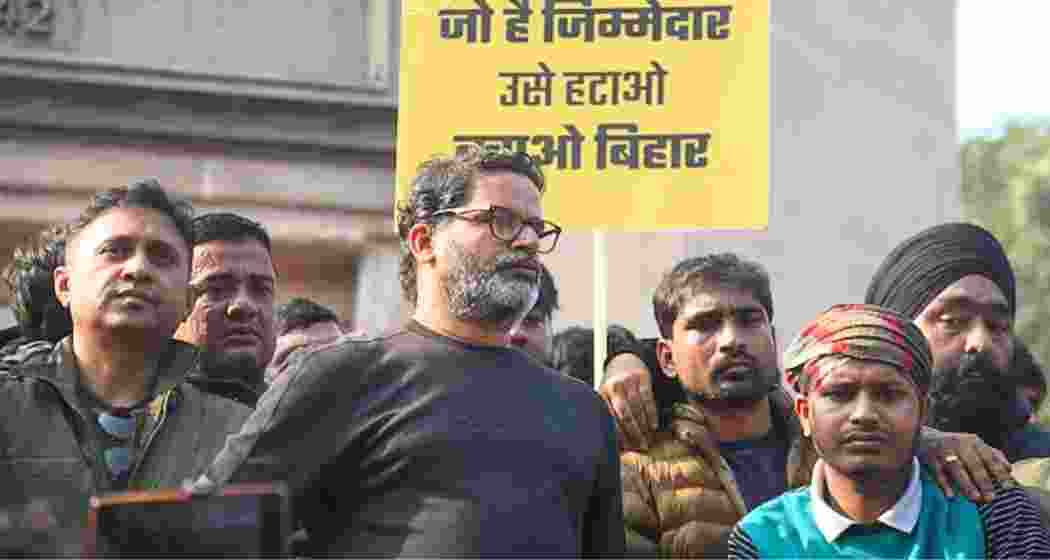 Jan Suraaj chief Prashant Kishor during a protest of aspirants over the alleged paper leak in the 70th Integrated Combined Competitive Examination (CCE) 2024, conducted by Bihar Public Service Commission (BPSC), in Patna.