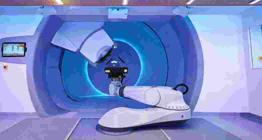 A proton therapy unit on display.
