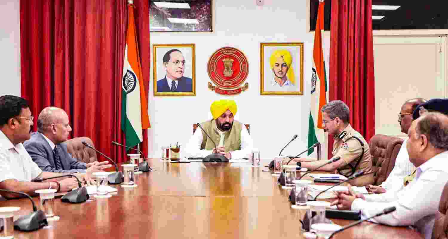 Punjab Chief Minister Bhagwant Mann holds a high-level security meeting with top officials of the Punjab Police to take stock of security arrangements in the state in the wake of the Pahalgam terror attack, in Chandigarh on Wednesday.