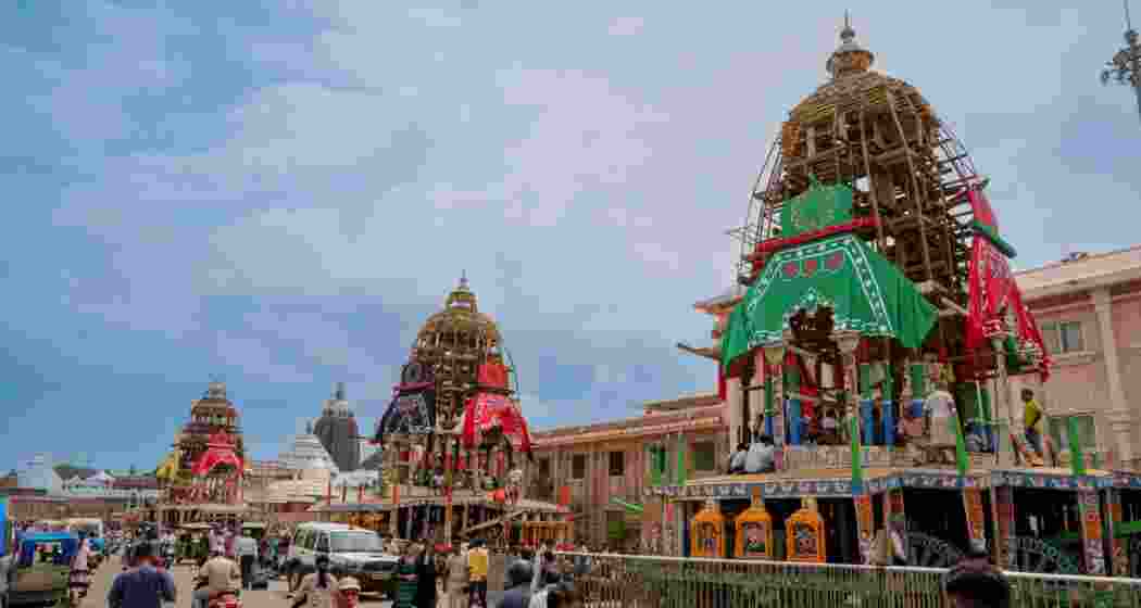 Chariots of Lord Jagannath, Balabhadra and Subhadra stand ready in Puri ahead of the Rath Yatra, as lakhs of devotees prepare for the divine journey to Gundicha Temple.