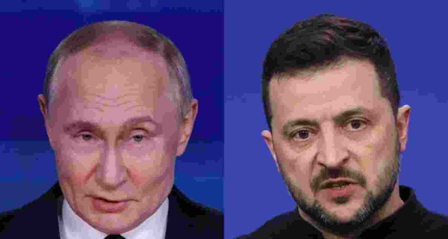 Ukrainian President Volodymyr Zelenskyy, right, proposed a 30-day unconditional ceasefire with Russia - whose President Vladimir Putin is depicted on the left - after meeting European leaders in Kyiv.