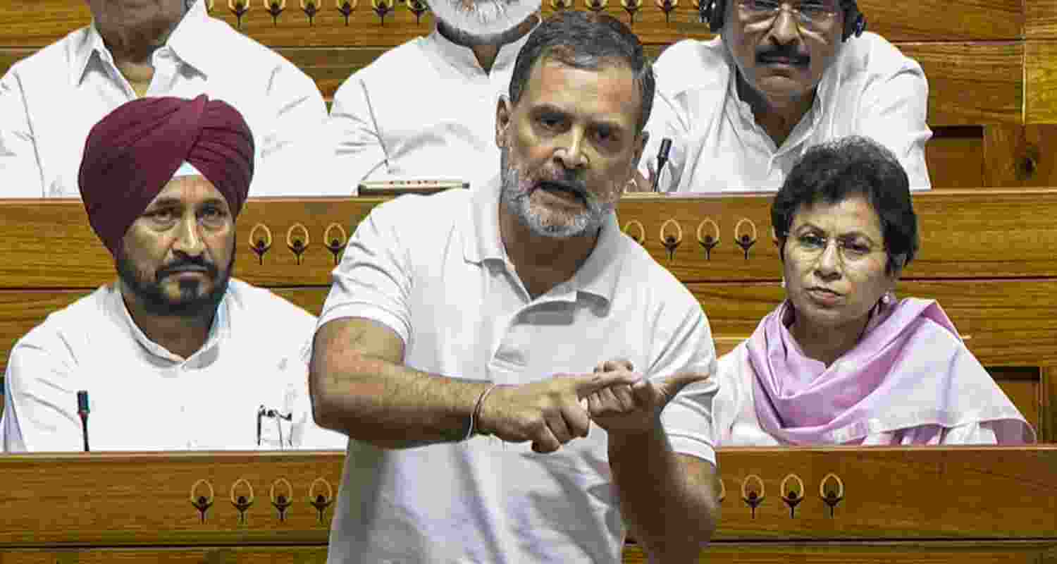 Leader of Opposition in the Lok Sabha Rahul Gandhi speaks during a debate in the House on the Pahalgam terror attack and Operation Sindoor, at the Monsoon session of Parliament, in New Delhi, Tuesday.