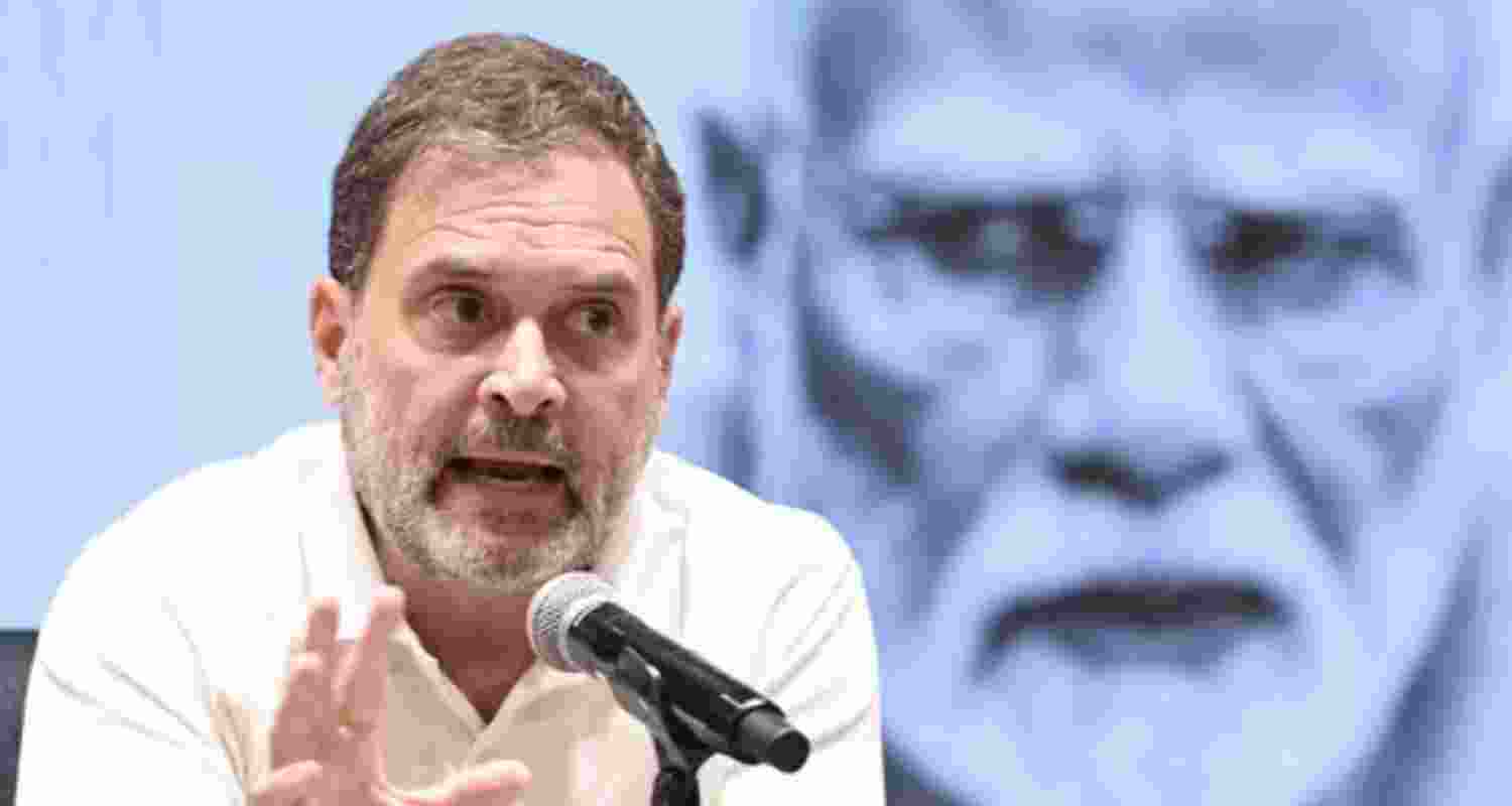 Rahul Gandhi addressing a press conference at Congress headquarters in New Delhi.