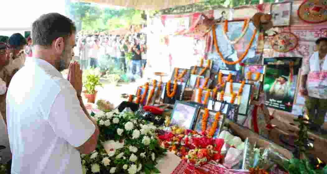 Congress leader Rahul Gandhi pays tribute at Zubeen Garg’s Kahilipara residence in Guwahati on Friday.