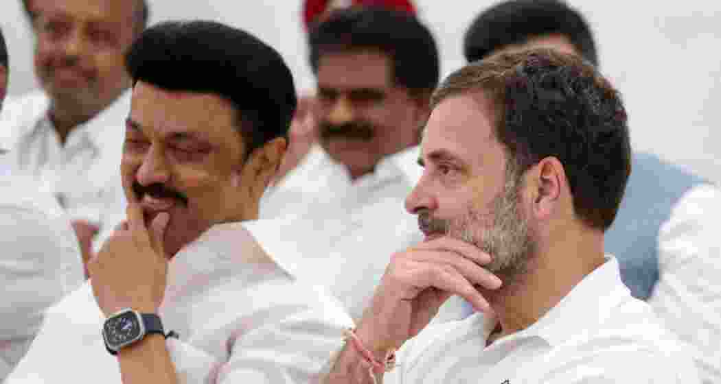 Former Tamil Nadu Chief Minister M.K. Stalin with Congress leader Rahul Gandhi during a political event.