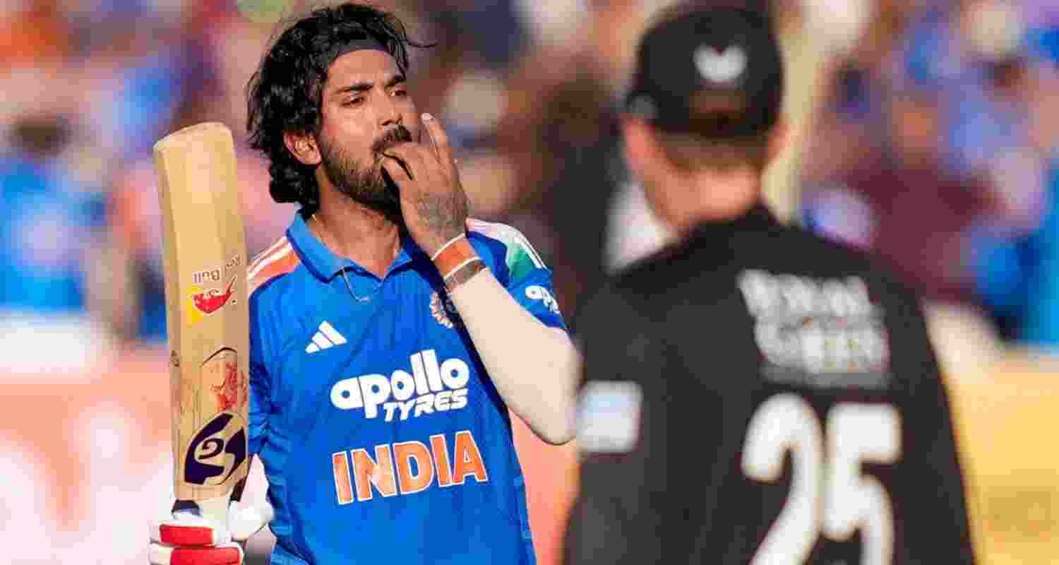 KL Rahul celebrating his century during the second ODI match between India and New Zealand at Niranjan Shah Stadium in Rajkot on Wednesday.