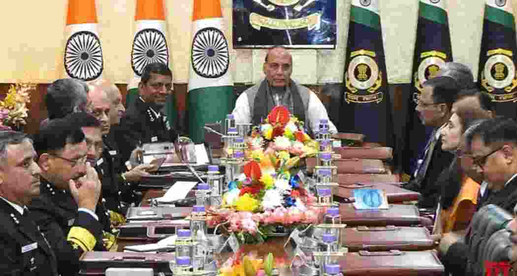 Defence Minister Rajnath Singh chairs a Defence Acquisition Council meeting in New Delhi on Monday. (PTI)