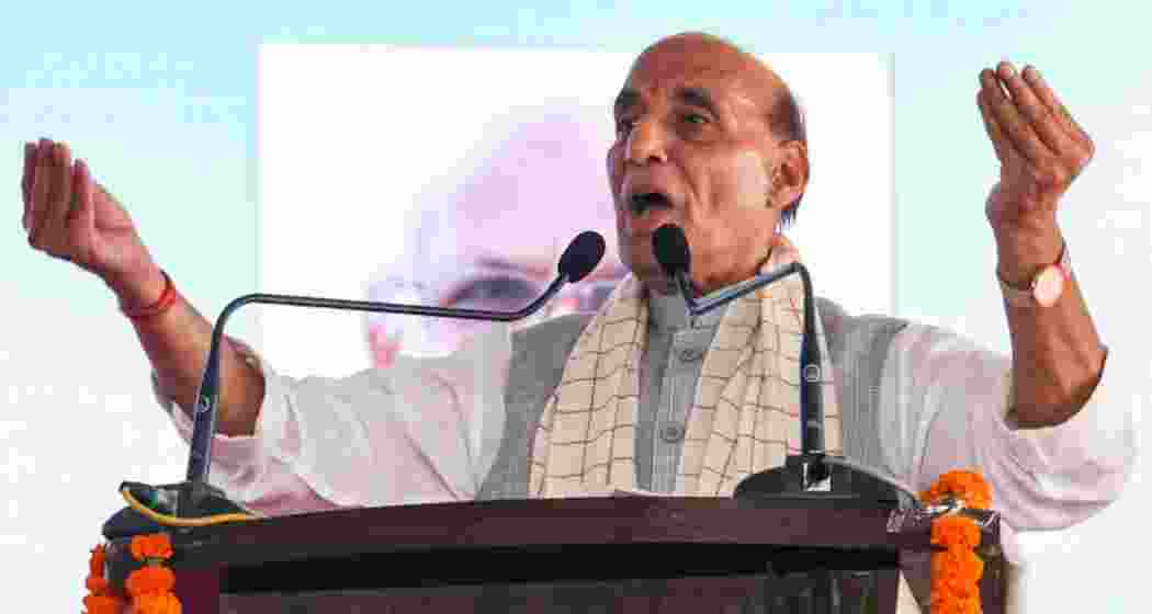 Defence Minister Rajnath Singh addresses a gathering. 