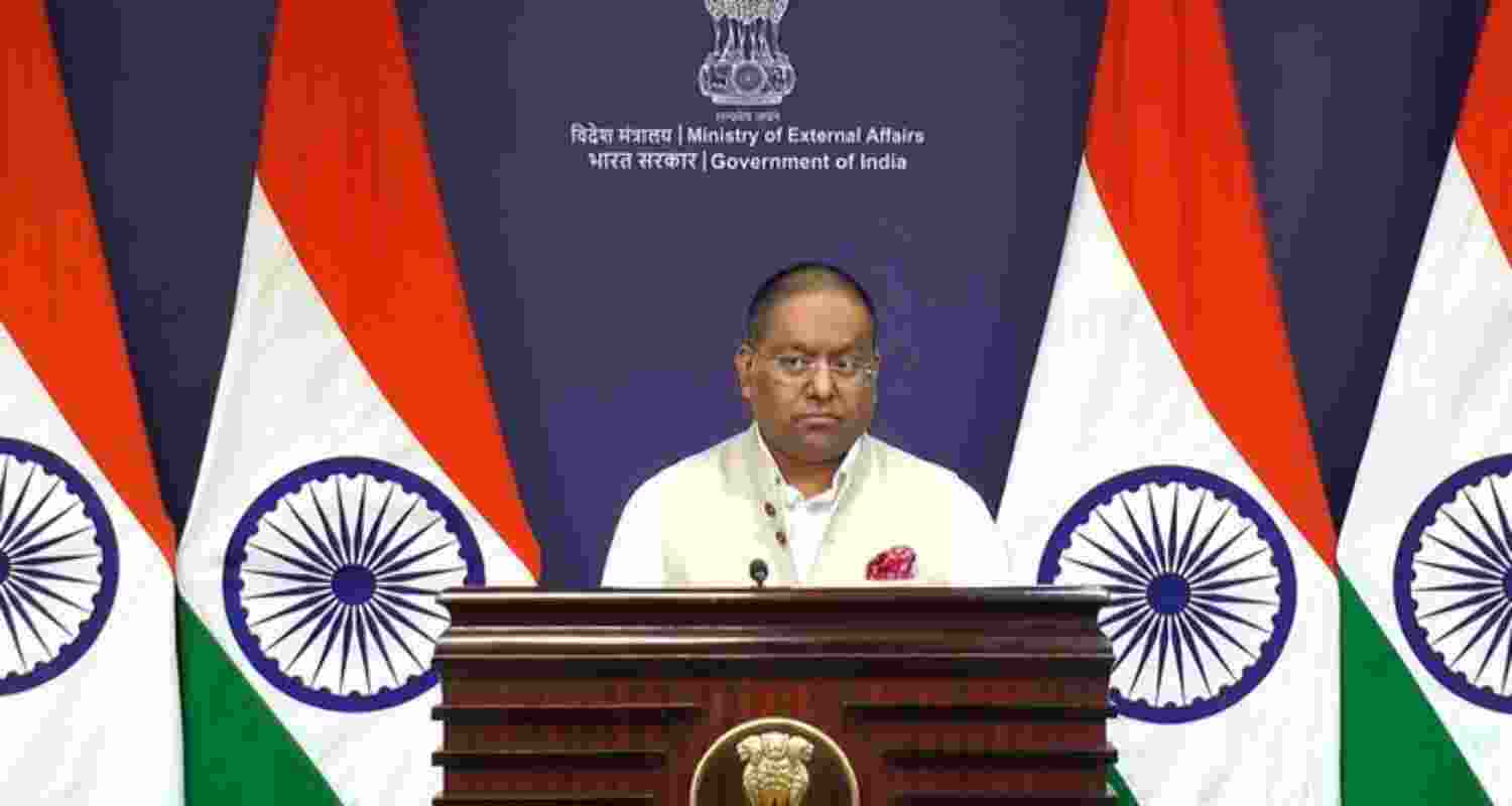 Ministry of External Affairs spokesperson Randhir Jaiswal addresses a press conference on Tuesday.