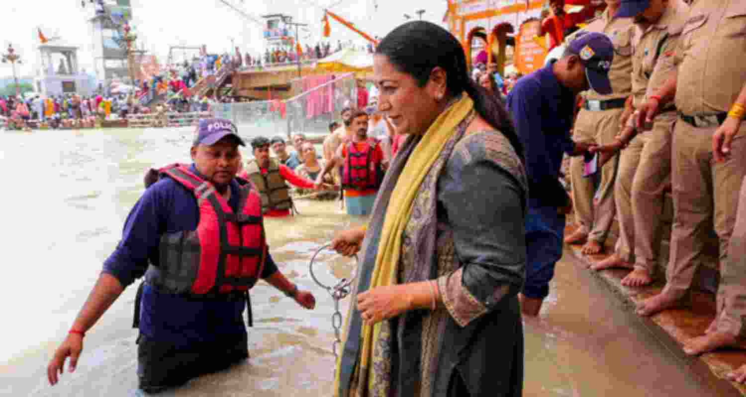 Delhi chief minister Rekha Gupta takes a holy dip in the Ganga river at Har Ki Pauri, in Haridwar.