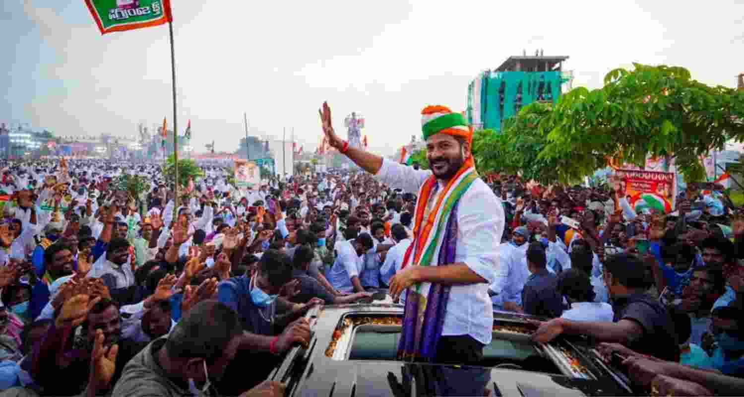 Revanth Reddy waves to the crowd after being elected as the Chief Minister of Telangana in 2023. Image via X. Revanth Reddy waves to the crowd after being elected as the Chief Minister of Telangana in 2023. Image via X.