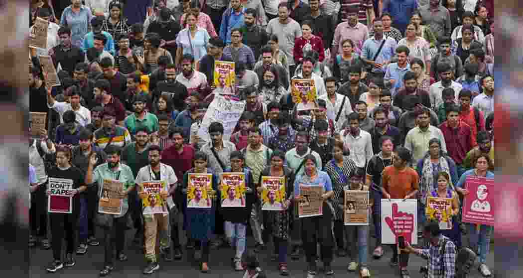 Posters condemning the RG Kar doctor’s rape and murder during a rally in Kolkata. File photo.