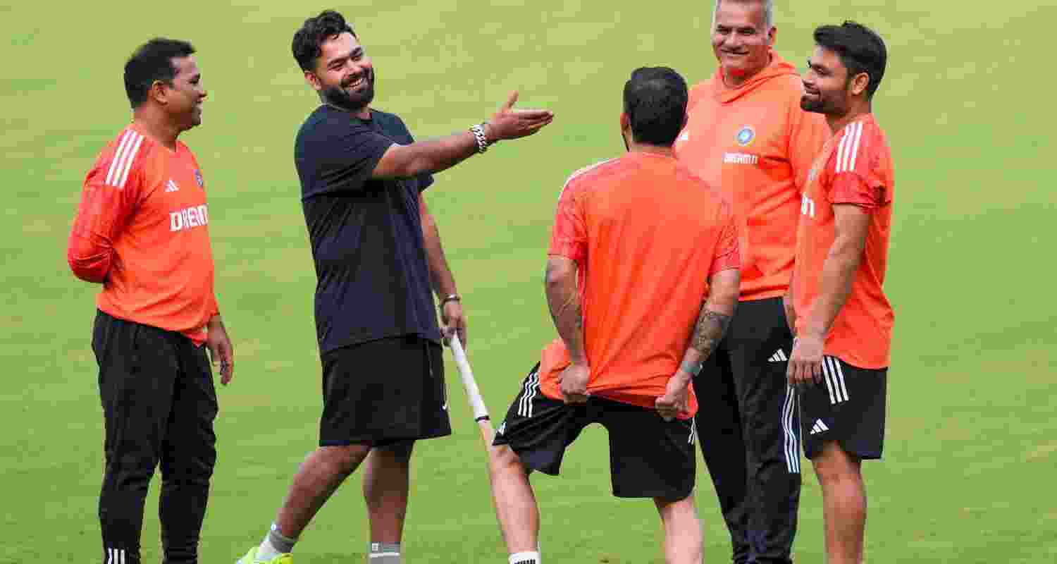 Rishabh Pant with Indian team members in Bengaluru.
