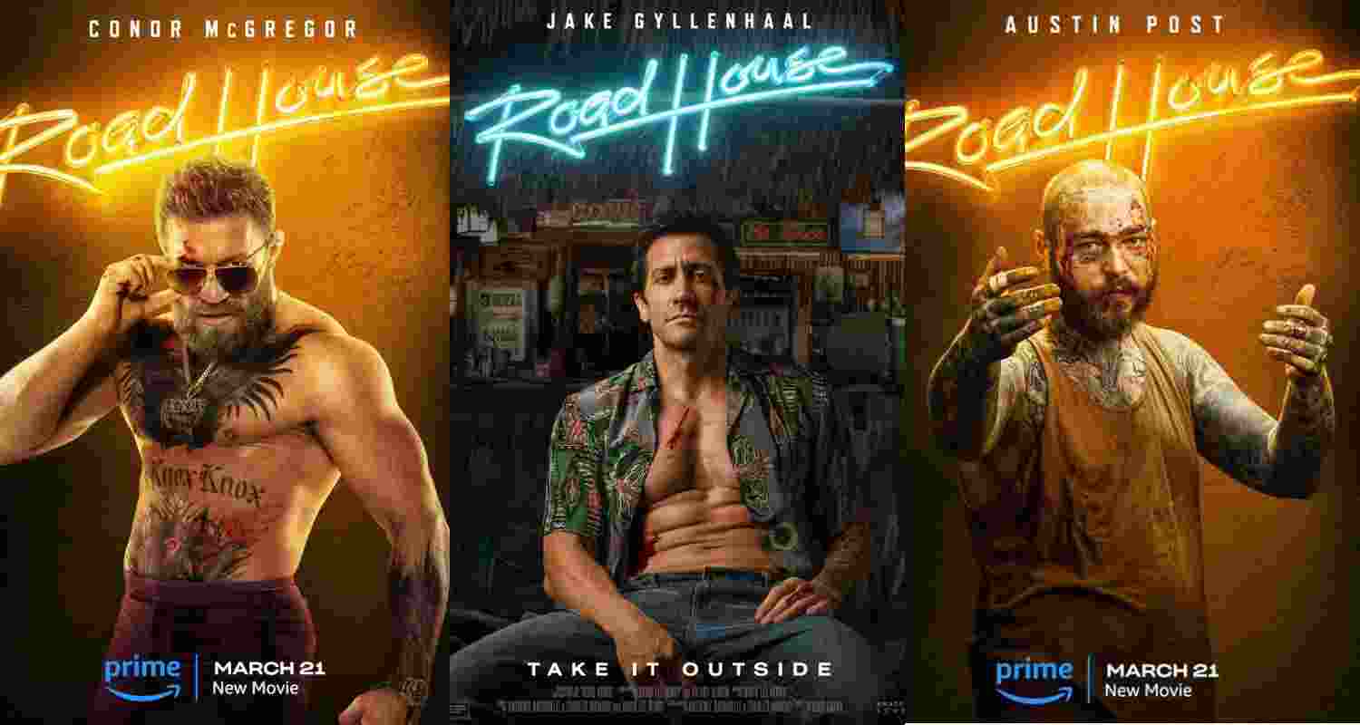 Posters of the upcoming movie Road House featuring Jake Gyllenhaal, Conor McGregor and Post Malone.