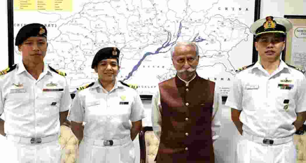Arunachal Pradesh Governor Lt Gen (Retd) K T Parnaik seen with Commander Ronie Chowpoo and fellow naval officers.