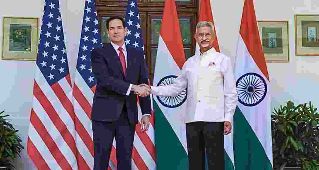 Union External Affairs Minister S Jaishankar, right, and US Secretary of State Marco Rubio exchange a handshake during a bilateral meeting, at Hyderabad House, in New Delhi. (@USAmbIndia/X via PTI Photo)