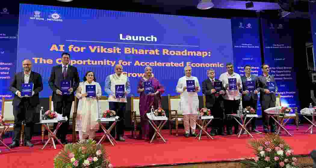 Union Finance Minister Nirmala Sitharaman  and NITI Aayog officials releasing the report “AI for Viksit Bharat: The Opportunity for Accelerated Economic Growth” in New Delhi on Monday.