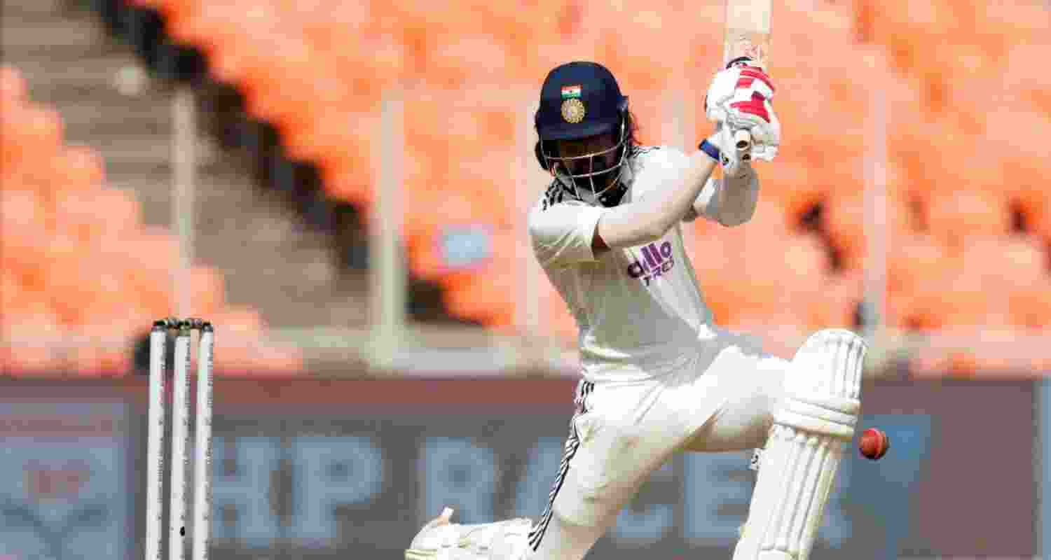 KL Rahul in action on the opening day of the first test between India and West Indies in Ahmedabad. KL Rahul in action on the opening day of the first test between India and West Indies in Ahmedabad.