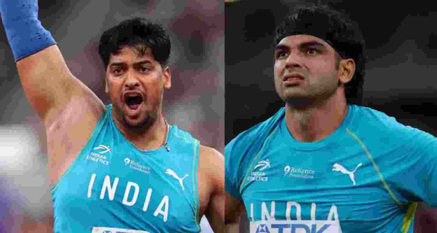 Sachin Yadav reacts after his best throw of 86.27m in the very first attempt  and (right) disappointment writ large on Neeraj Chopra's face after he finished 8th.