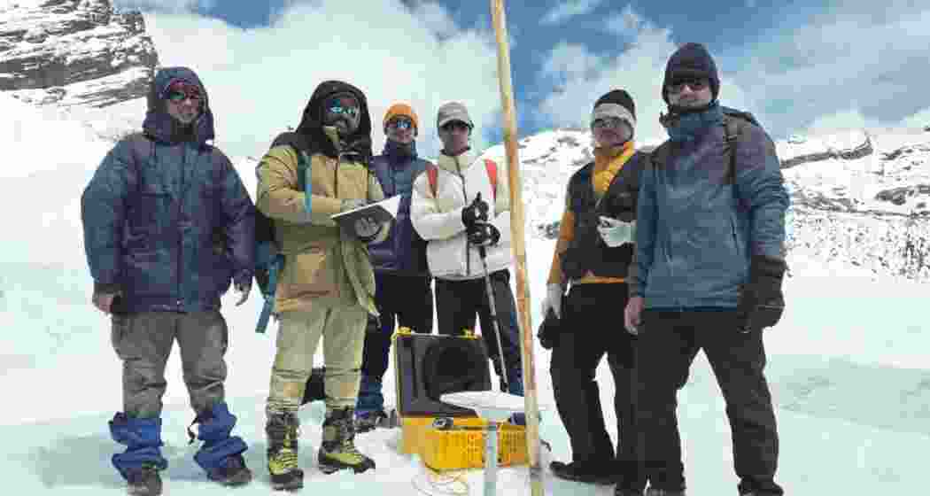 Scientists conducting field observations and experiments at the Khangri glacier in Arunachal Pradesh’s Tawang district during a research expedition.