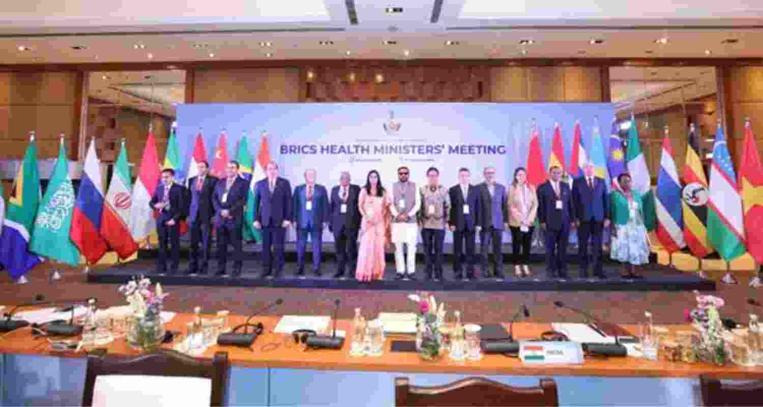 Health ministers from BRICS member countries after unanimously adopting the 16th BRICS Health Ministerial Declaration in Chandigarh on Thursday.
