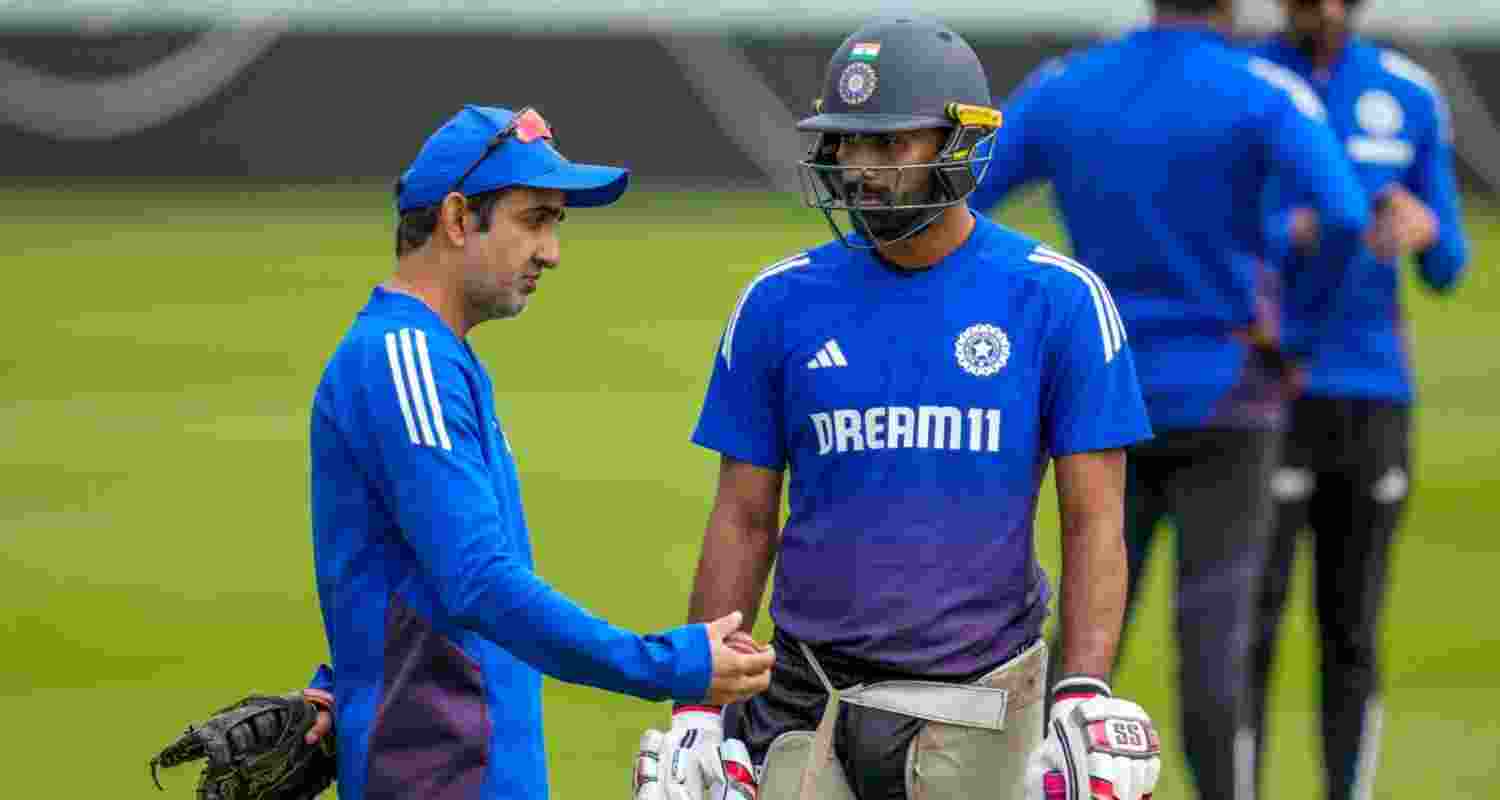 India's head coach Gautam Gambhir and wicketkeeper-batsman Narayan Jagadeesan during a training session ahead of the fifth Test match between India and England in London on Wednesday.